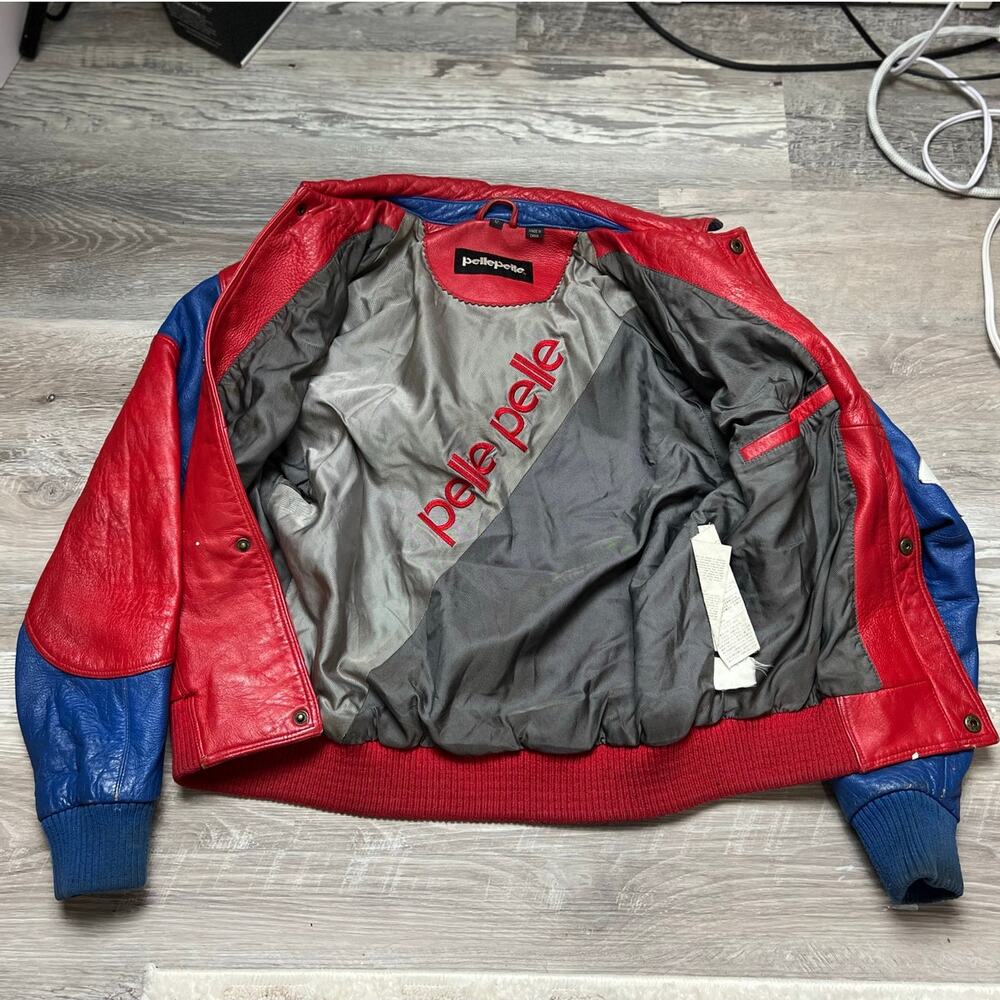 Vintage Pelle Pelle Red Blue Leather Varsity Jacket Hip Hop Streetwear Size 12 - Picture 3 of 16